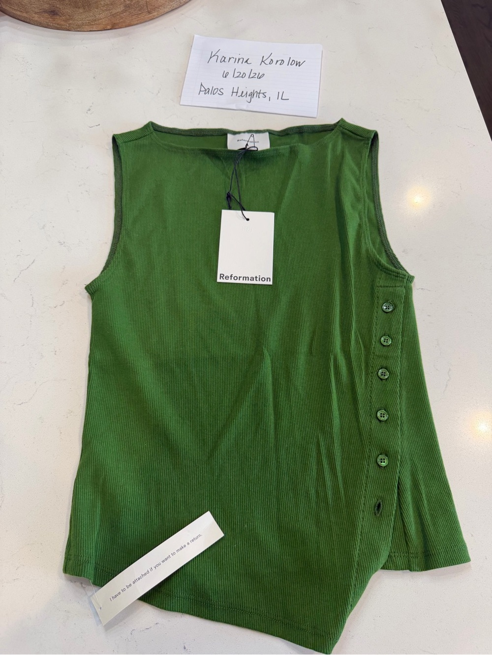 Reformation Kelly Green Ribbed Sleeveless Tank with Side Buttons